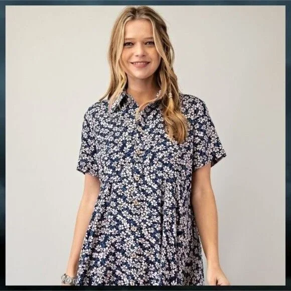 EASEL Lightweight Short Sleeved Collared Button Front Shark Bite Hem Shirt Dress - Picture 13 of 14